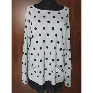 Allie & Rob Grey Black Polka Dot‎ Pockets Sheer Hem Button Design Sweater Size L